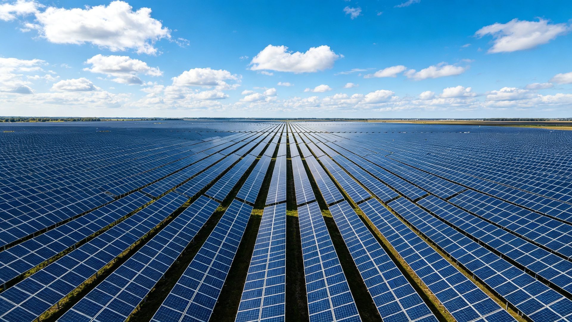 Generic large ground-mount solar farm with rows of photovoltaic panels