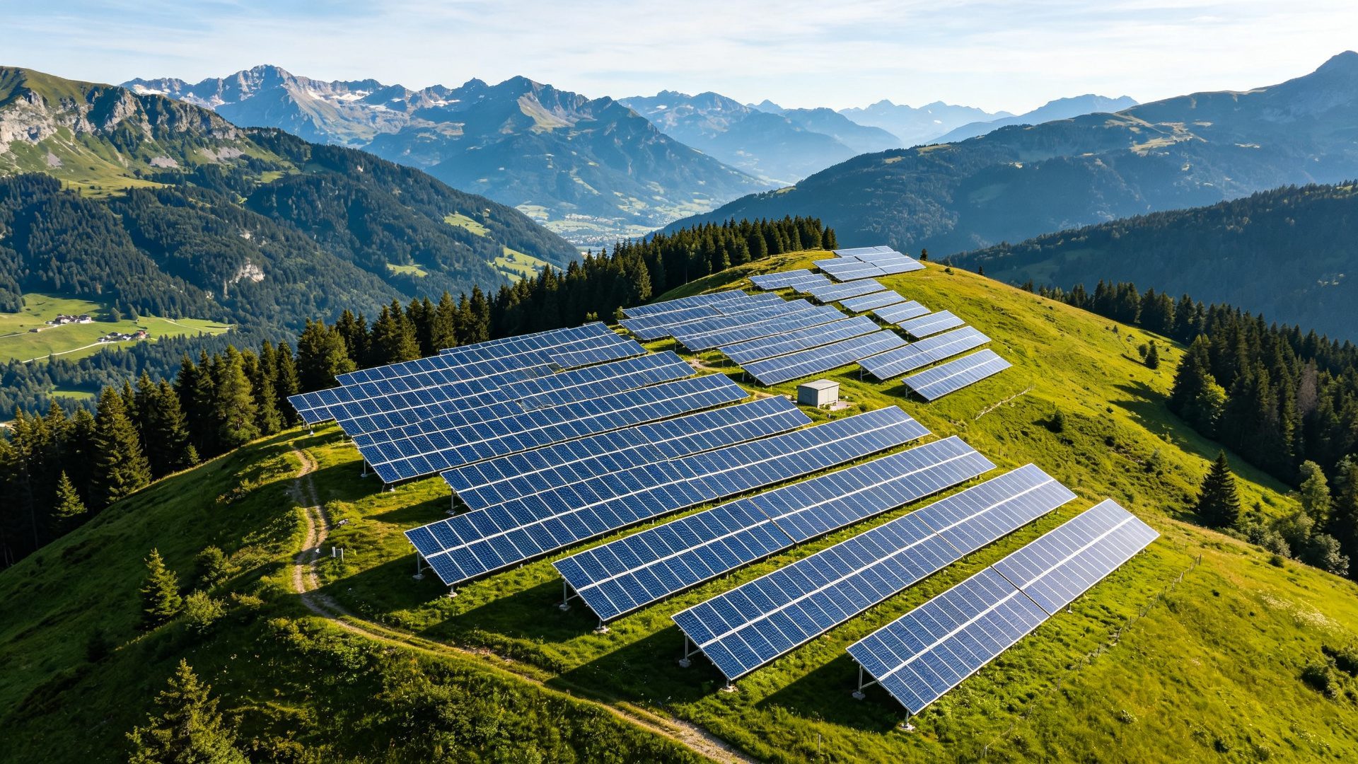 Generic mountain solar farm across elevated terrain